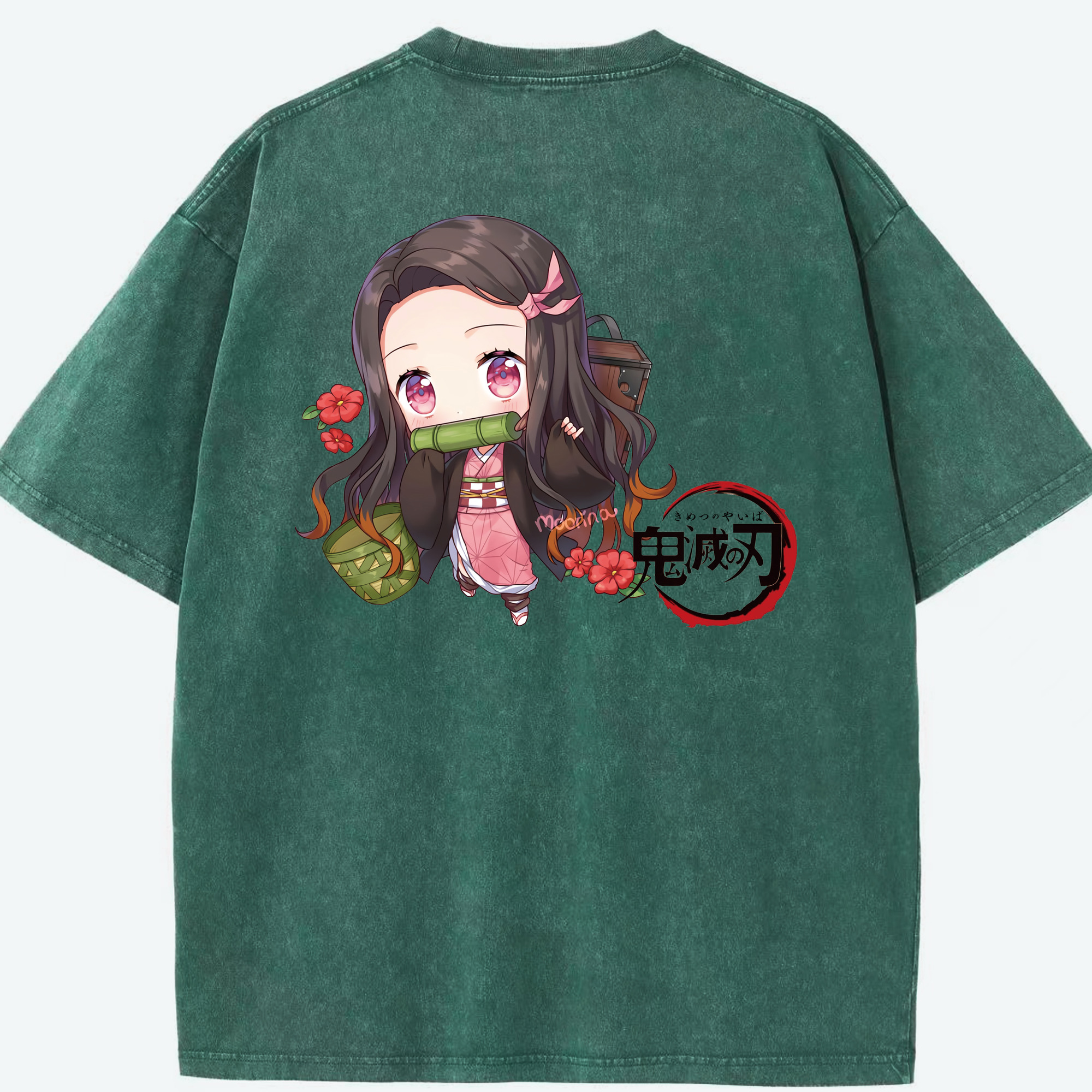 （画像用） 鬼滅の刃（きめつのやいば）竈門 禰󠄀豆子／かまど ねずこ Kamado Nezuko 綿100% ヴィンテージ風 半袖Tシャツ（背面プリント）